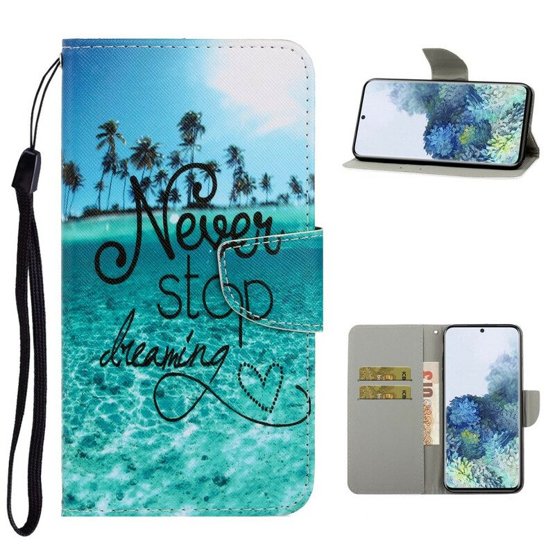 Folio-hoesje voor Samsung Galaxy S21 Plus 5G Met Ketting Stop Nooit Met Dromen In Marineblauwe Bandjes