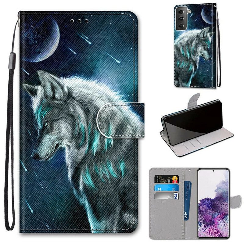 Folio-hoesje voor Samsung Galaxy S21 Plus 5G Wolf Onder Een Regen Van Sterren