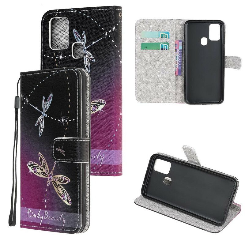 Folio-hoesje voor Samsung Galaxy M21 Met Ketting Strappy Libellen