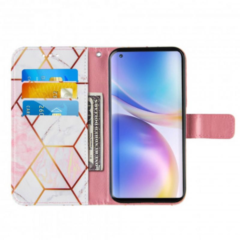 Folio-hoesje voor OnePlus 9 Met Ketting Gestreept Geometrisch Marmer