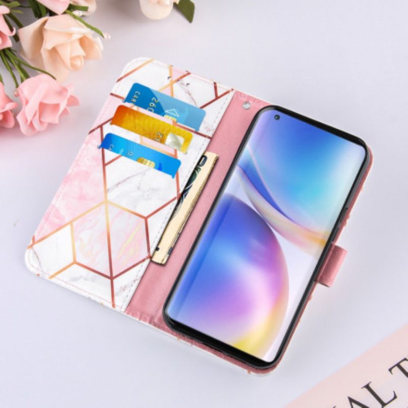 Folio-hoesje voor OnePlus 9 Met Ketting Gestreept Geometrisch Marmer