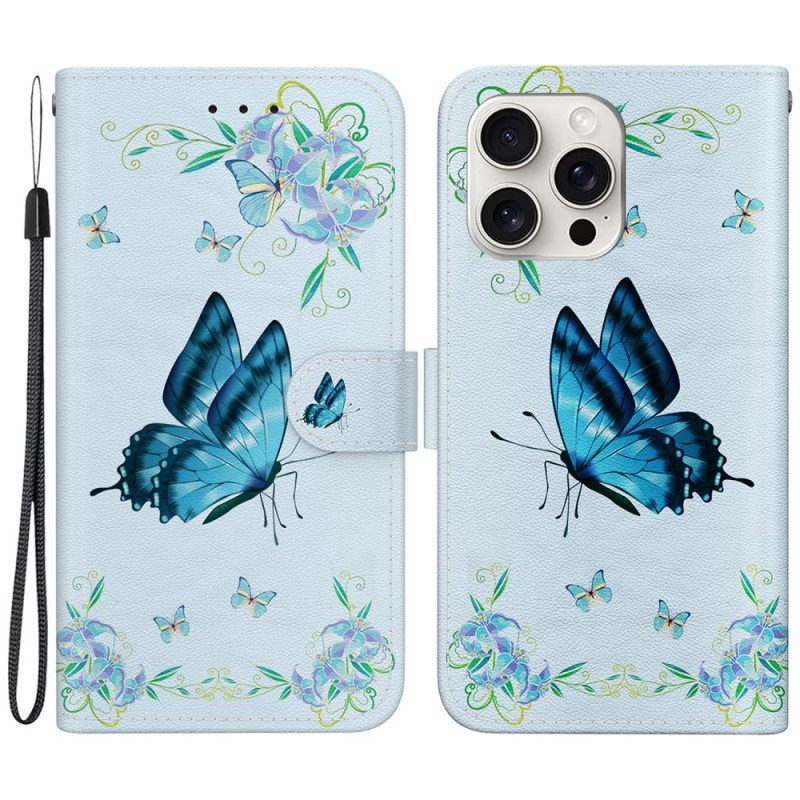 Bescherming Hoesje iPhone 16 Pro Blauwe Vlinder En Bloemen Met Riempje