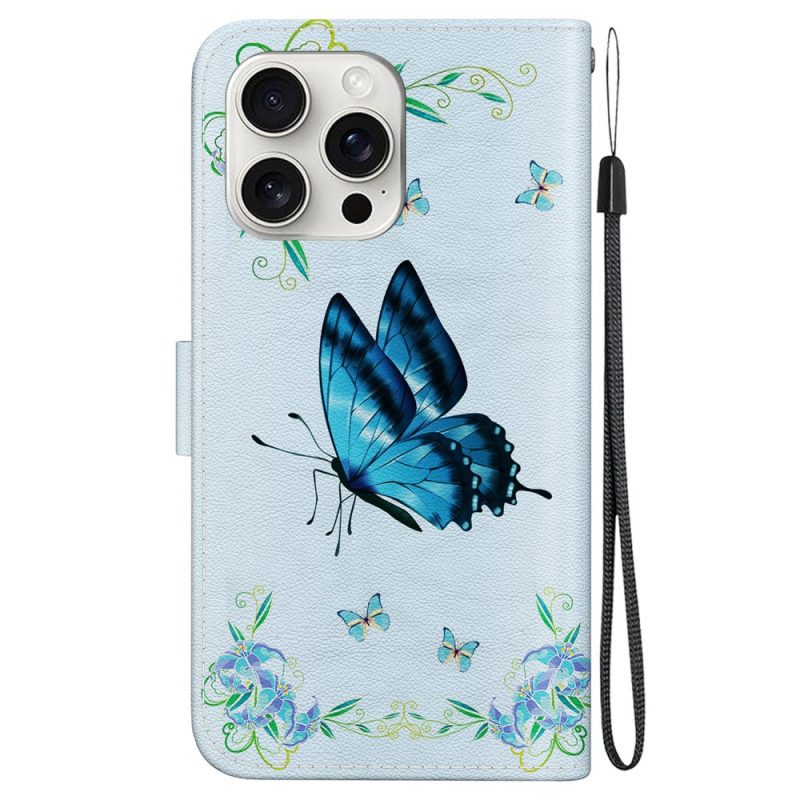 Bescherming Hoesje iPhone 16 Pro Blauwe Vlinder En Bloemen Met Riempje