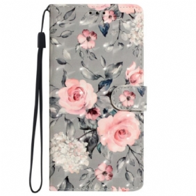 Bescherming Hoesje iPhone 16 Pro Roze Bloemen Op Grijze Achtergrond Met Riempje