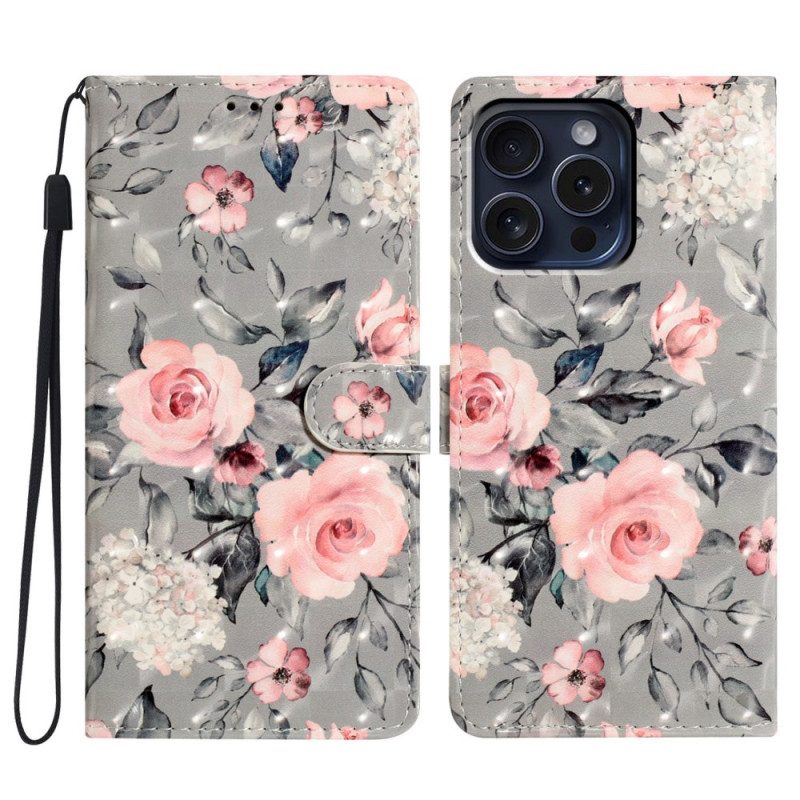 Bescherming Hoesje iPhone 16 Pro Roze Bloemen Op Grijze Achtergrond Met Riempje