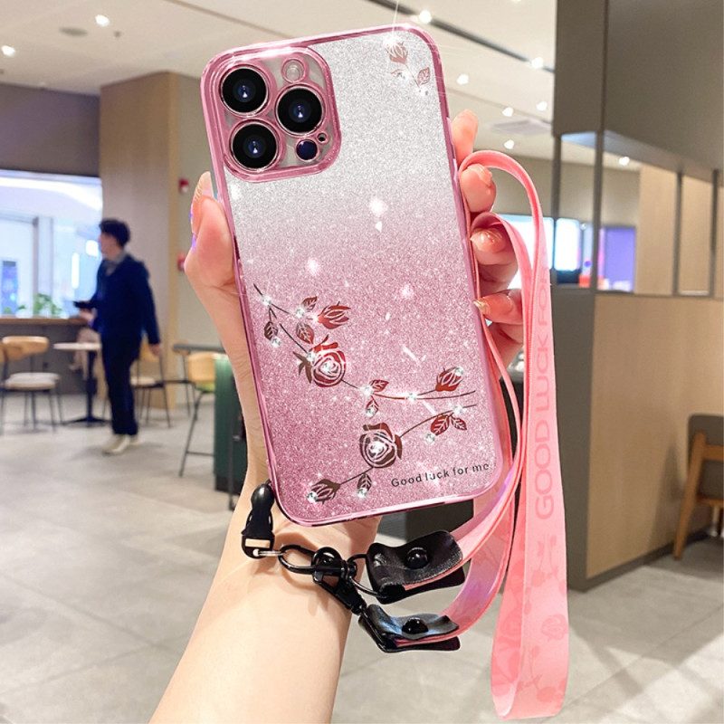 Case Hoesje iPhone 16 Pro Telefoonhoesje Bloemen En Strasssteentjes Met Bandjes Kadem