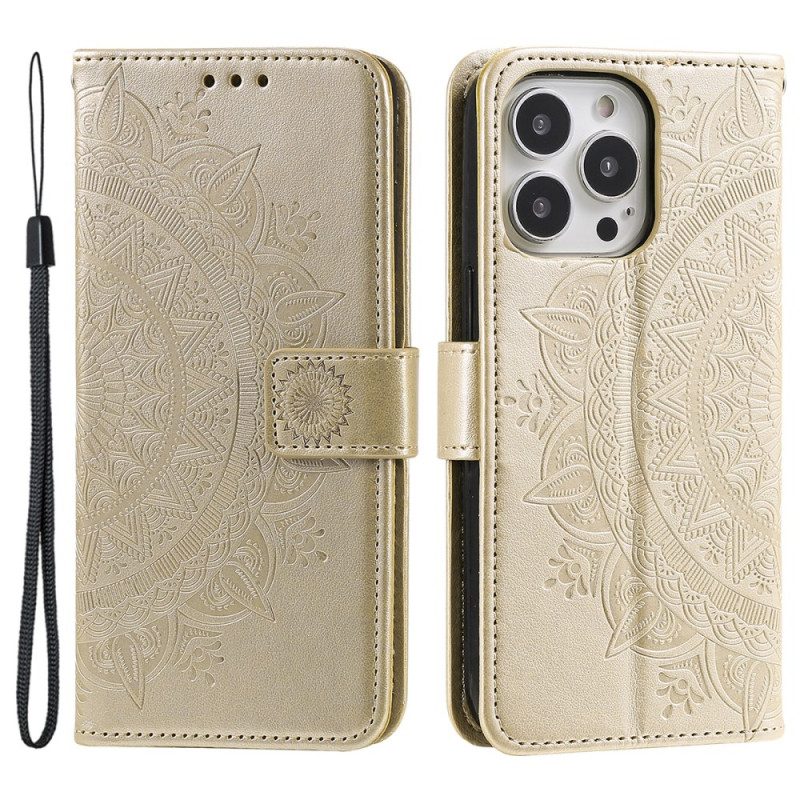 Folio-hoesje iPhone 16 Pro Telefoonhoesje Mandala Zon Met Riem