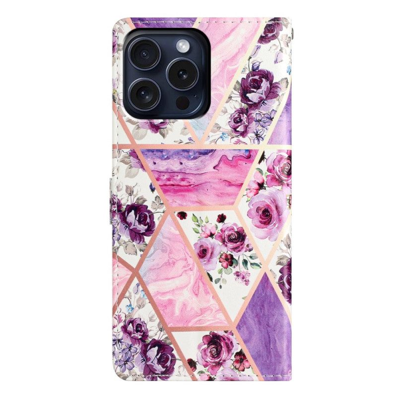 Folio-hoesje iPhone 16 Pro Telefoonhoesje Paarse Bloemen Met Riempje