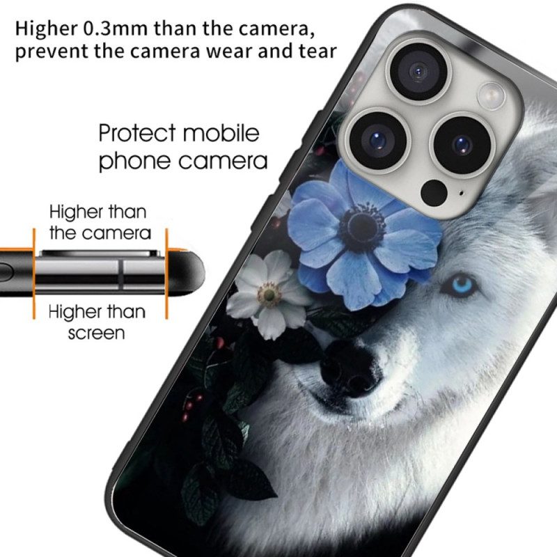 Hoesje iPhone 16 Pro Wolf En Blauwe Bloem Gehard Glas