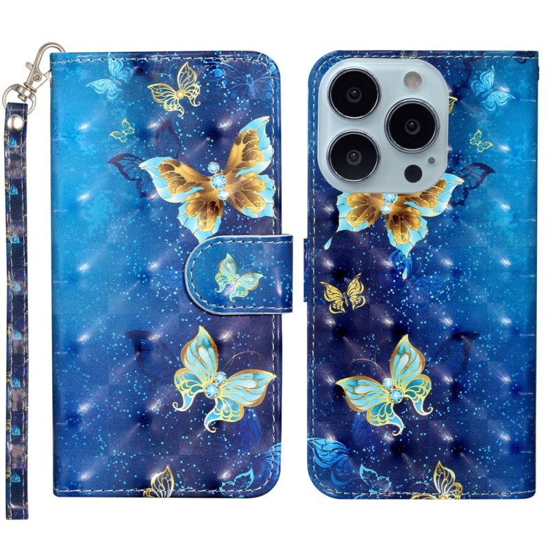 Leren Hoesje iPhone 16 Pro Blauwe En Gouden Vlinders Met Riem Bescherming Hoesje