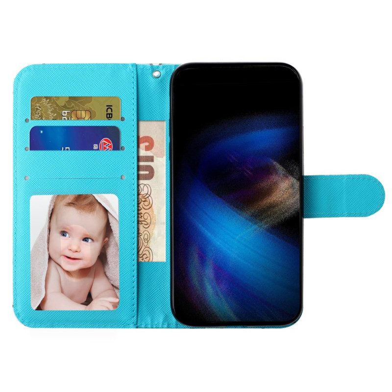 Leren Hoesje iPhone 16 Pro Blauwe En Gouden Vlinders Met Riem Bescherming Hoesje