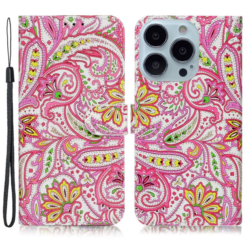 Leren Hoesje iPhone 16 Pro Bloemenprint Met Bandjes Bescherming Hoesje