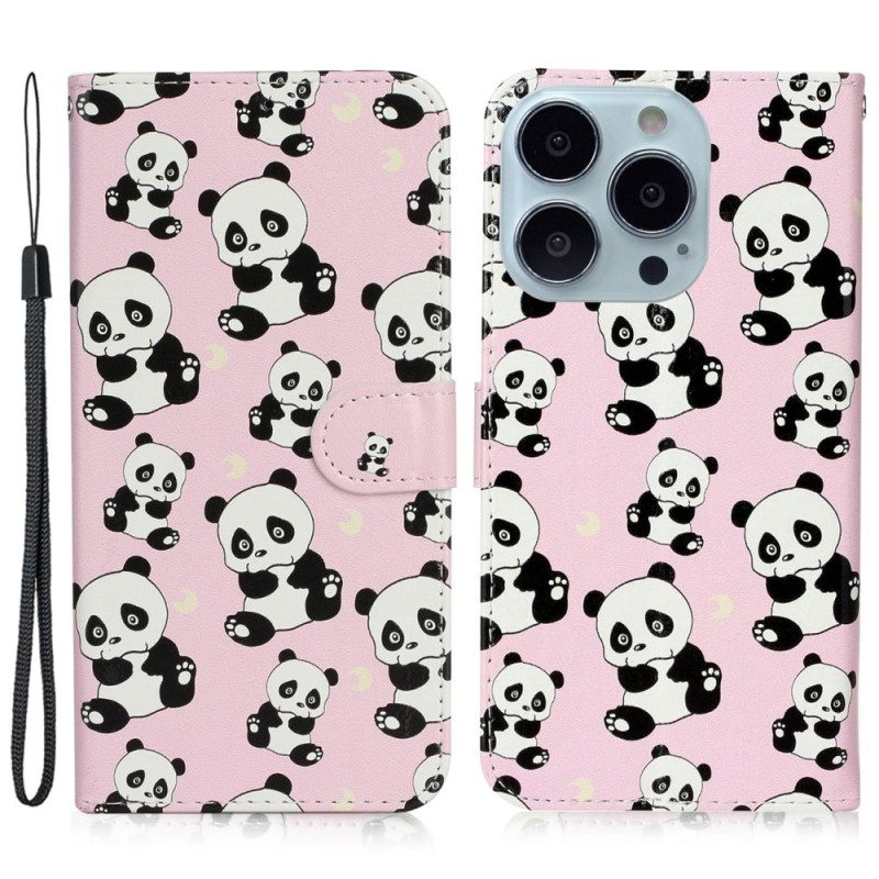 Leren Hoesje iPhone 16 Pro Kleine Panda's Met Riem Bescherming Hoesje