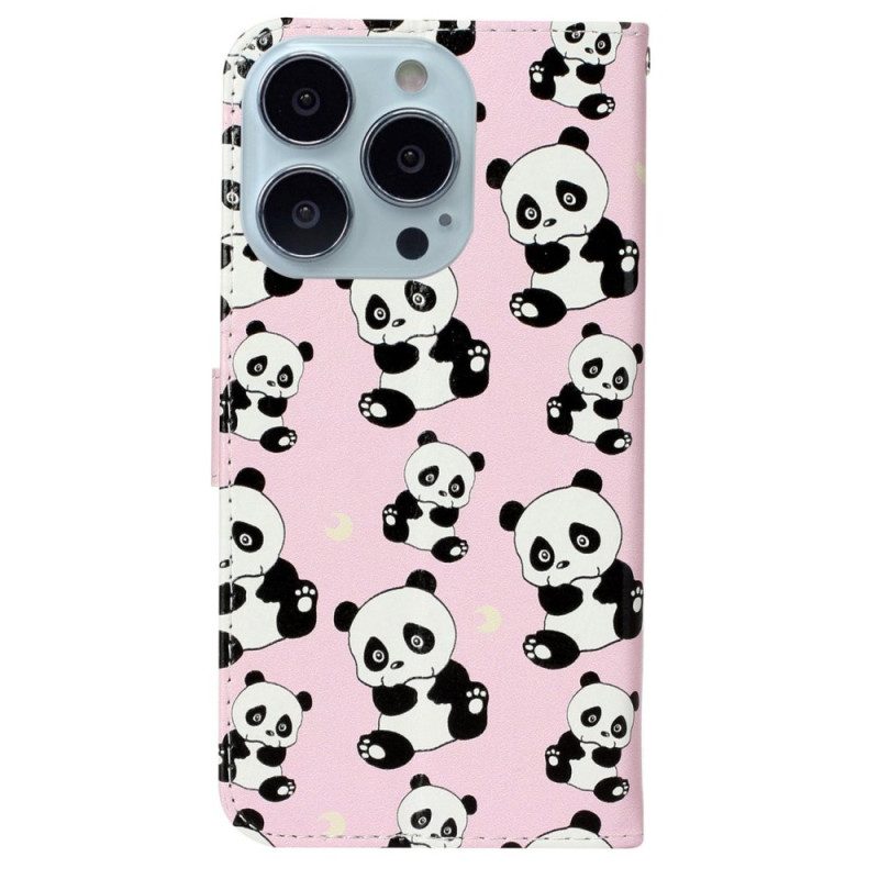 Leren Hoesje iPhone 16 Pro Kleine Panda's Met Riem Bescherming Hoesje