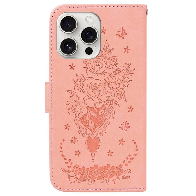 Leren Hoesje iPhone 16 Pro Rozenpatroon Met Bandje Bescherming Hoesje