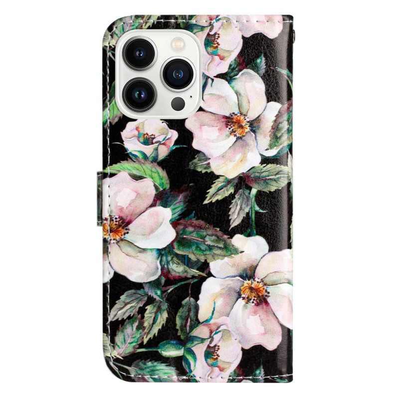 Leren Hoesje iPhone 16 Pro Strap Magnolia's Bescherming Hoesje