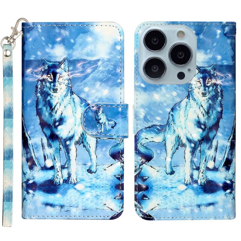 Leren Hoesje iPhone 16 Pro Vastgebonden Sneeuwwolf Bescherming Hoesje