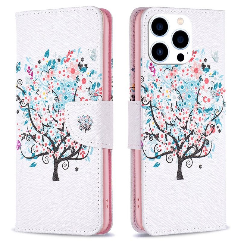 Leren Hoesje Voor iPhone 16 Pro Bloemrijke Boom