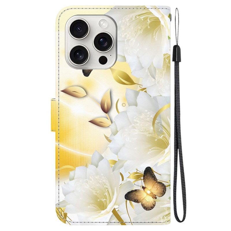 Leren Hoesje Voor iPhone 16 Pro Gouden Vlinders En Witte Bloemen Met Riempje