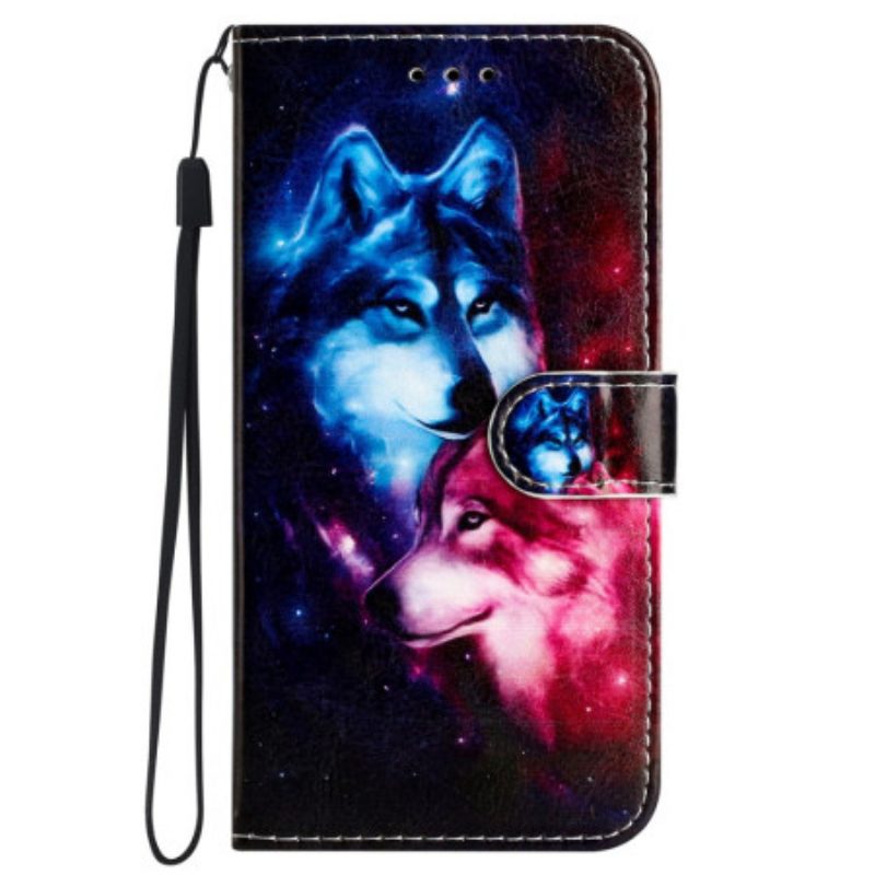 Leren Hoesje Voor iPhone 16 Pro Lanyard Wolven