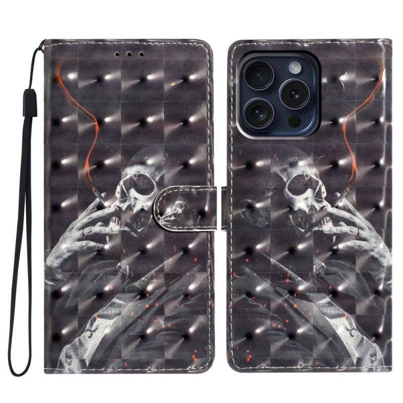 Leren Hoesje Voor iPhone 16 Pro Rokend Skelet Met Riem