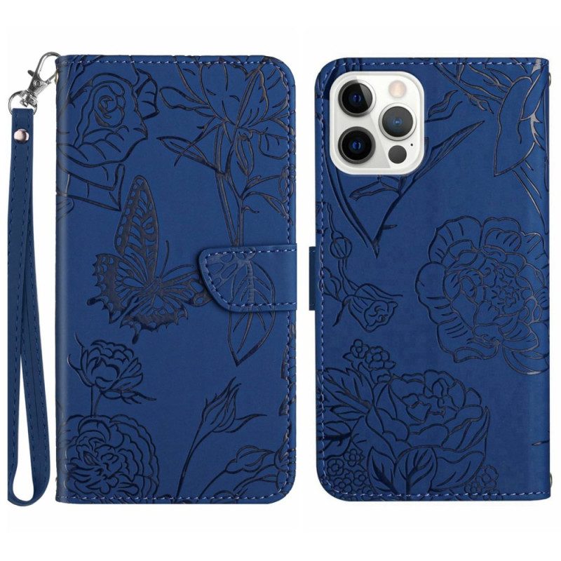 Leren Hoesje Voor iPhone 16 Pro Vlinderprint Met Bandje