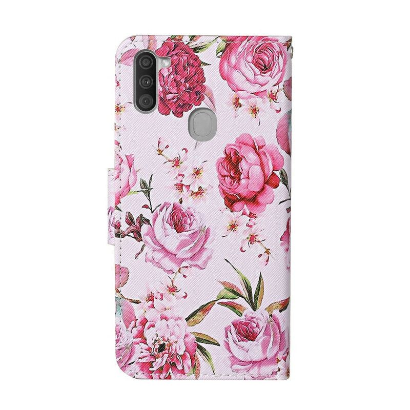 Leren Hoesje voor Samsung Galaxy M11 Meesterlijke Bloemen Met Riem