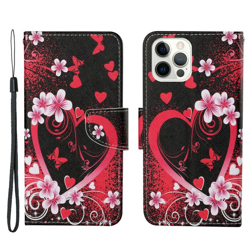 Flip Case voor iPhone 13 Pro Bloemen En Harten Met Sleutelkoord