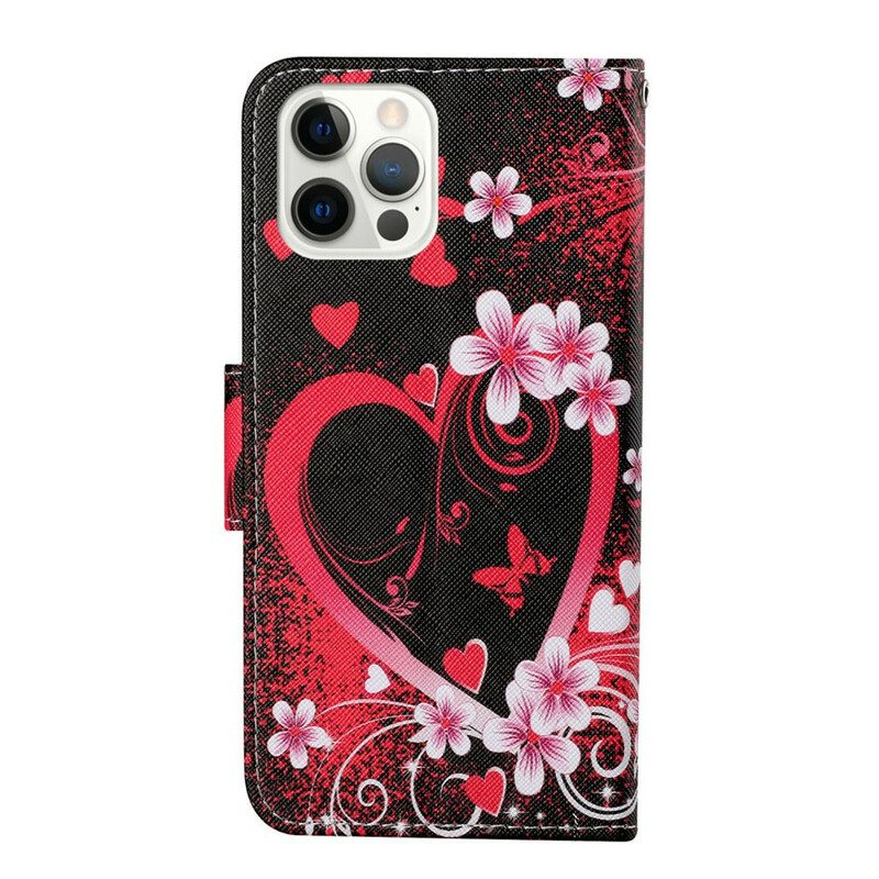 Flip Case voor iPhone 13 Pro Bloemen En Harten Met Sleutelkoord