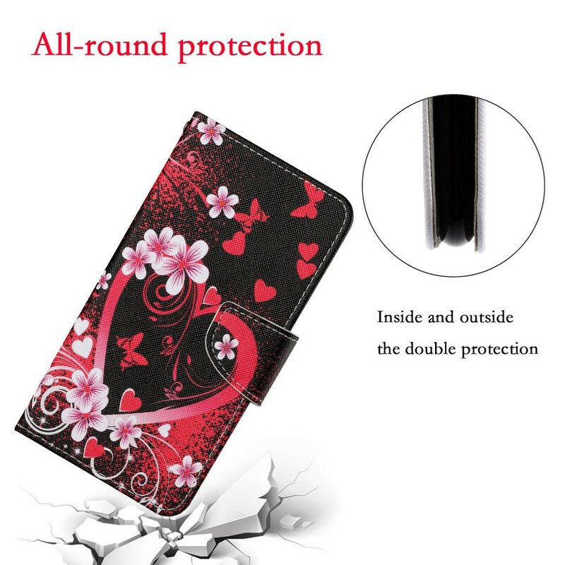 Flip Case voor iPhone 13 Pro Bloemen En Harten Met Sleutelkoord