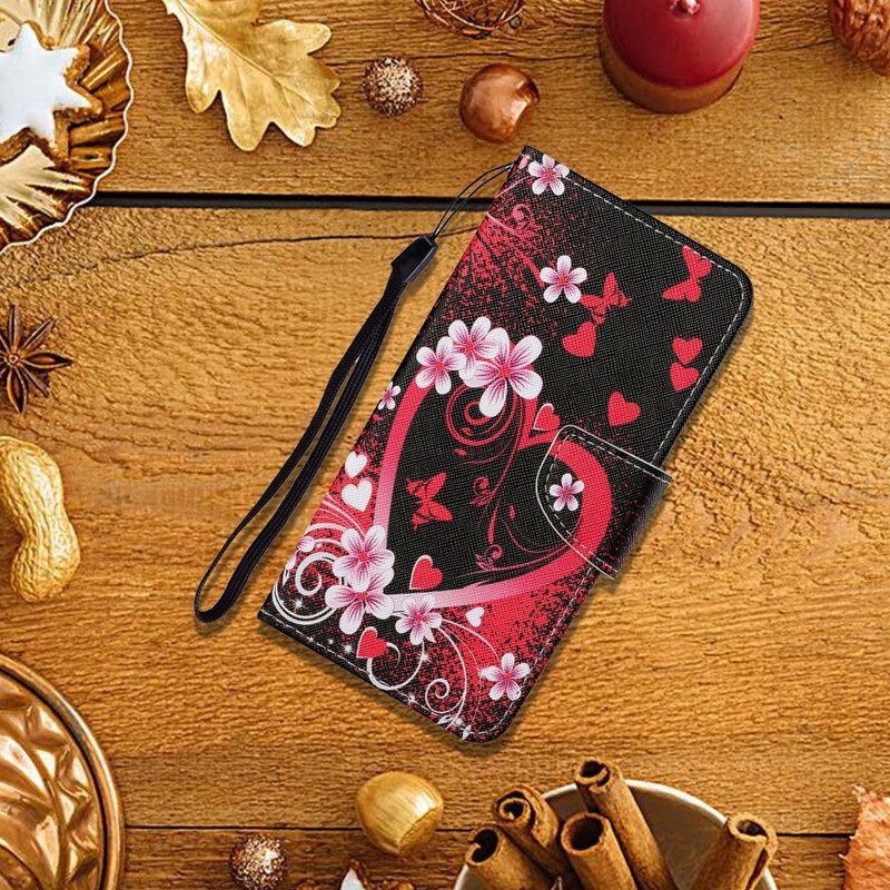 Flip Case voor iPhone 13 Pro Bloemen En Harten Met Sleutelkoord