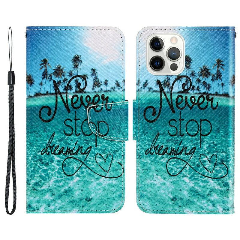 Flip Case voor iPhone 13 Pro Met Ketting Stop Nooit Met Dromen In Marineblauwe Bandjes