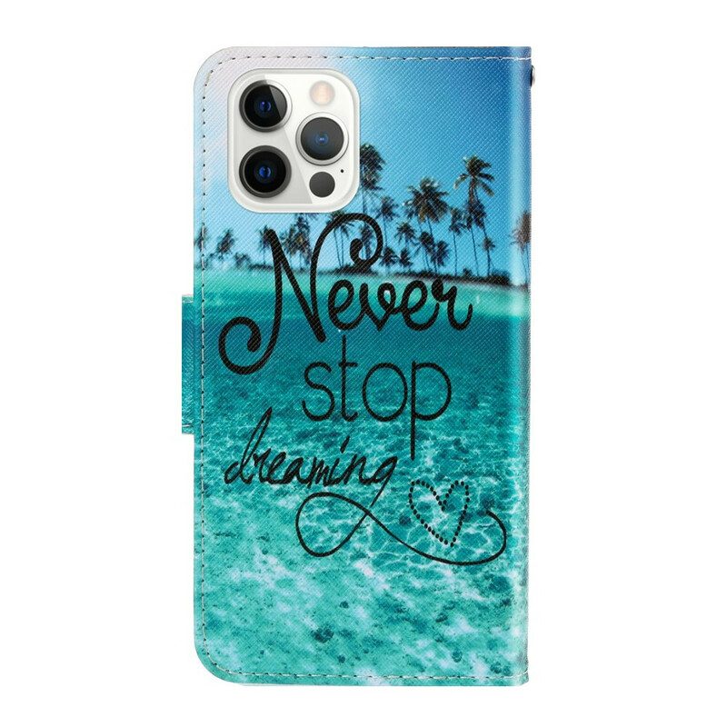 Flip Case voor iPhone 13 Pro Met Ketting Stop Nooit Met Dromen In Marineblauwe Bandjes