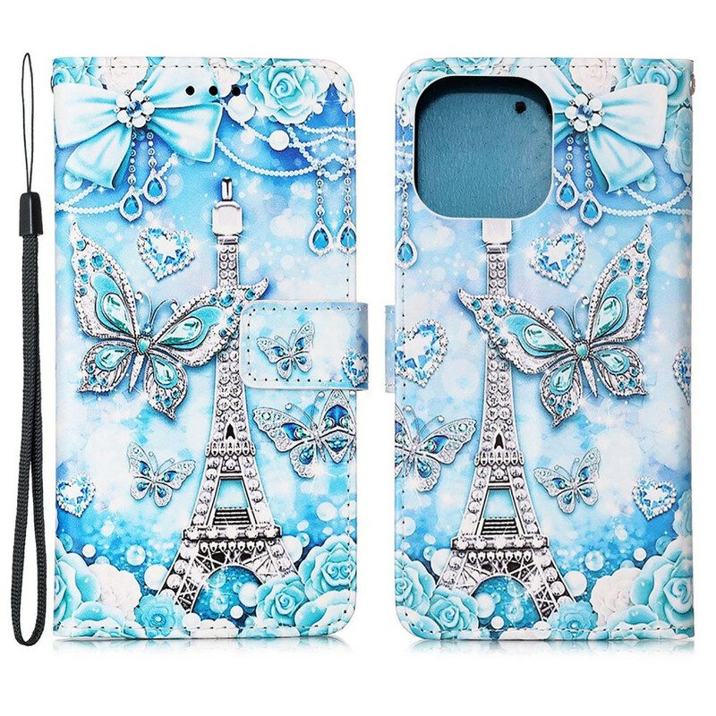 Flip Case voor iPhone 13 Pro Met Ketting Vlinderriem Van De Eiffeltoren