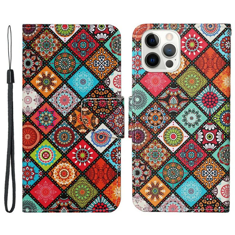 Folio-hoesje voor iPhone 13 Pro Lappendeken Mandala's Met Lanyard