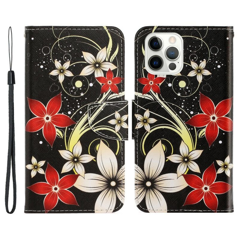 Folio-hoesje voor iPhone 13 Pro Met Ketting Kleurrijke Strappy Bloemen