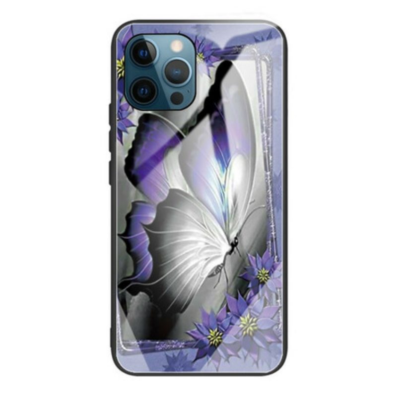 Hoesje voor iPhone 13 Pro Paars Vlinder Gehard Glas