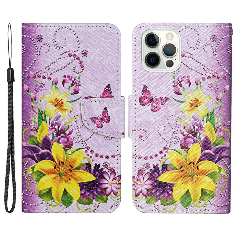 Leren Hoesje voor iPhone 13 Pro Meesterlijke Bloemen Met Riem