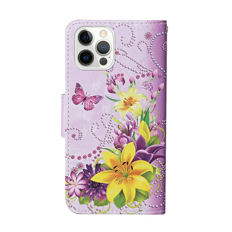 Leren Hoesje voor iPhone 13 Pro Meesterlijke Bloemen Met Riem