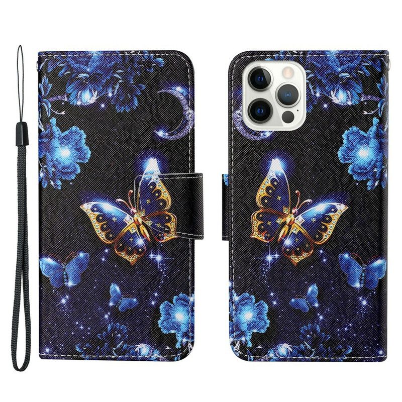 Leren Hoesje voor iPhone 13 Pro Met Ketting Kostbare Stringvlinders