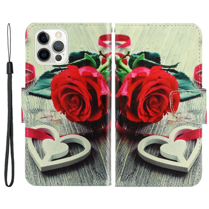 Leren Hoesje voor iPhone 13 Pro Met Ketting Romantische Roos Met Riem