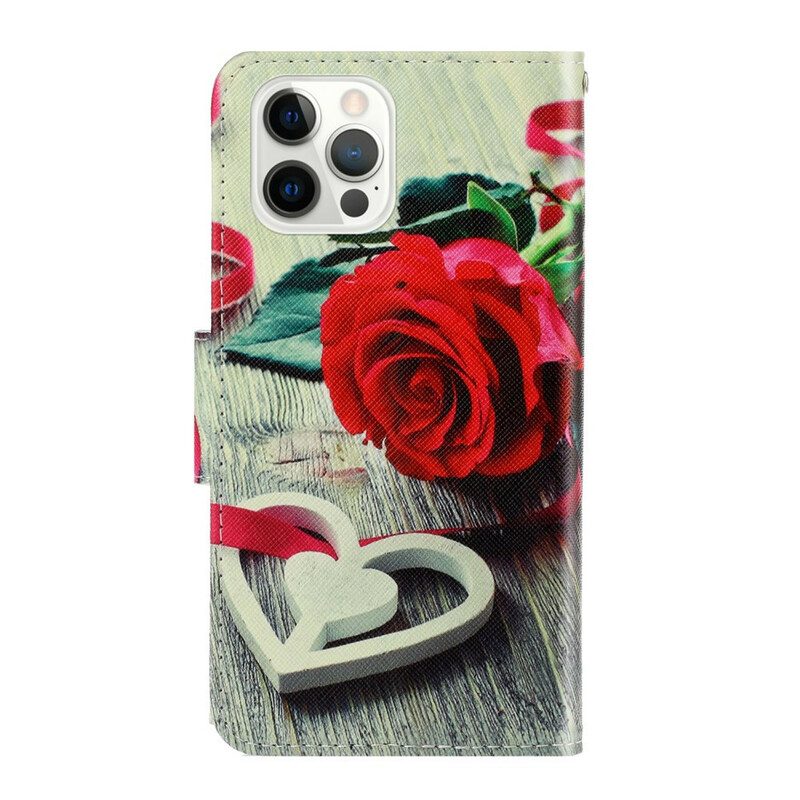 Leren Hoesje voor iPhone 13 Pro Met Ketting Romantische Roos Met Riem