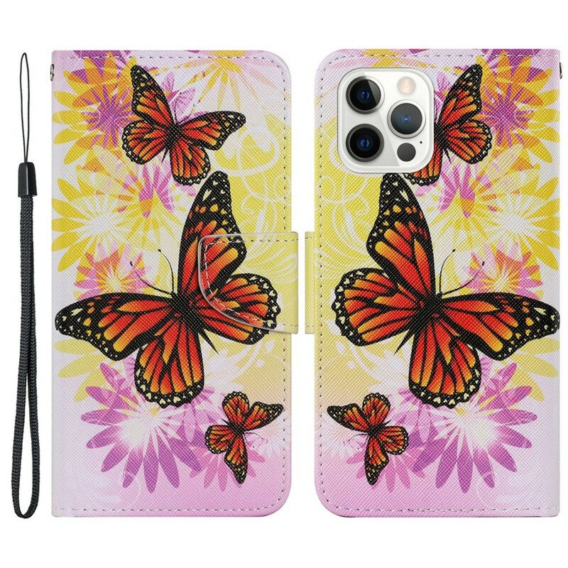 Leren Hoesje voor iPhone 13 Pro Vlinders En Zomerbloemen