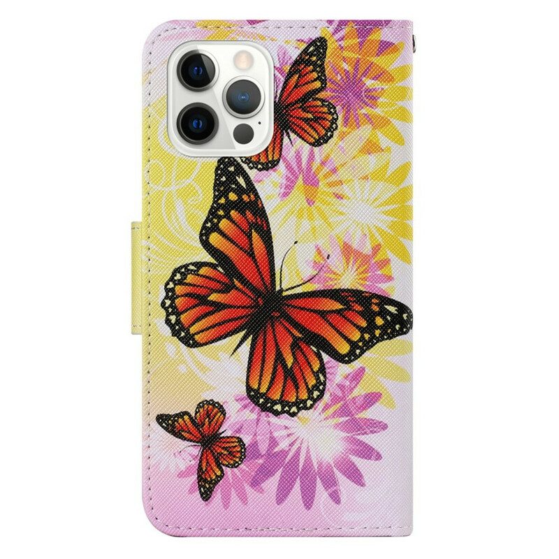 Leren Hoesje voor iPhone 13 Pro Vlinders En Zomerbloemen