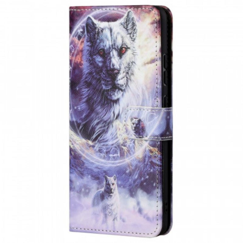 Flip Case voor Xiaomi Redmi Note 11 Pro / 11 Pro 5G Wolf In De Winter Met Sleutelkoord