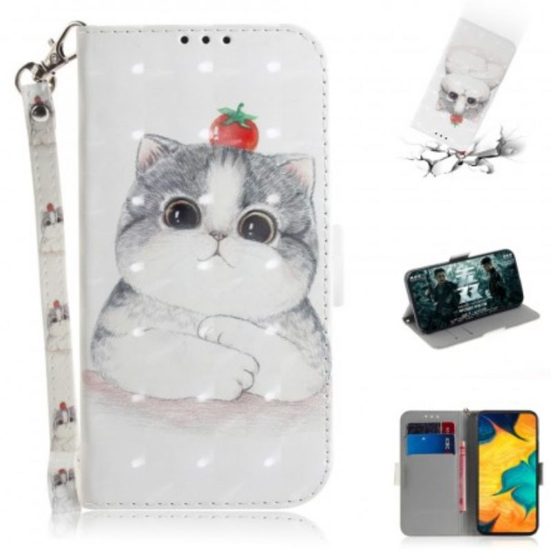 Flip Case voor Samsung Galaxy A30 Met Ketting Tomaat Op De Kat Met Een Riempje