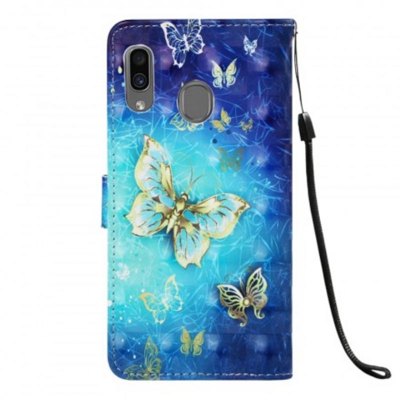 Folio-hoesje voor Samsung Galaxy A30 Met Ketting Gouden Vlinders Met Riem