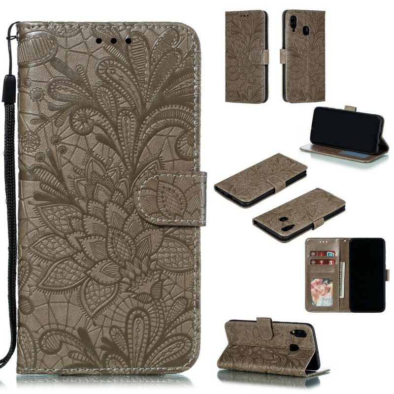 Folio-hoesje voor Samsung Galaxy A30 Met Ketting Riem Tribal Bloemen