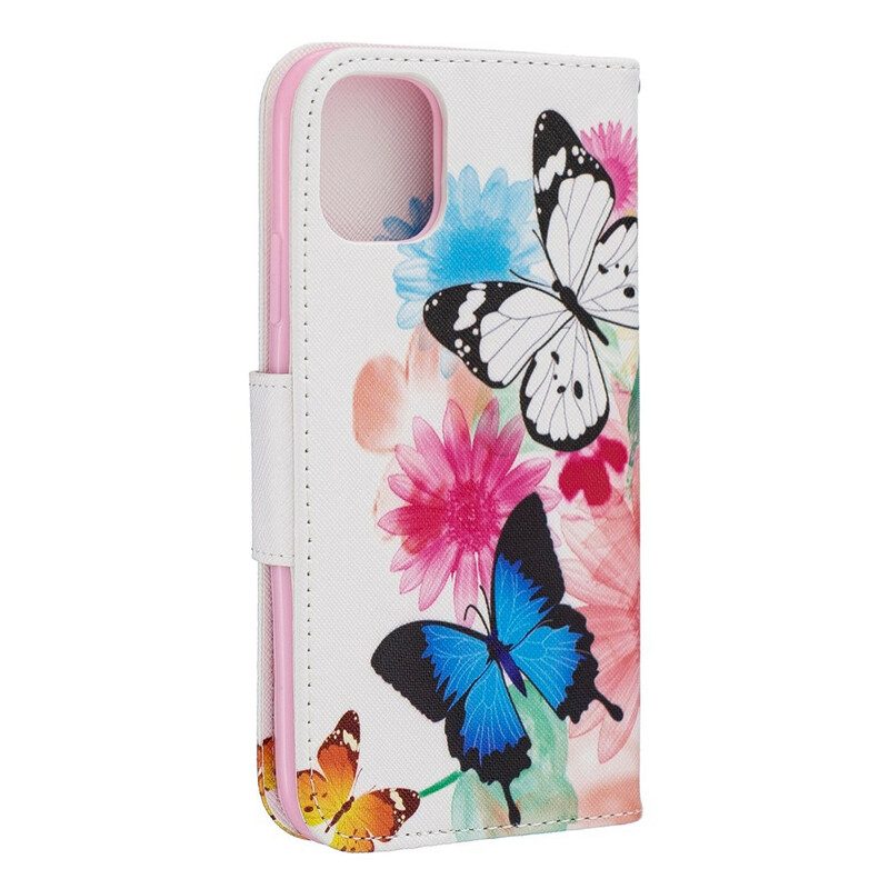 Folio-hoesje voor iPhone 11 Geschilderde Vlinders En Bloemen