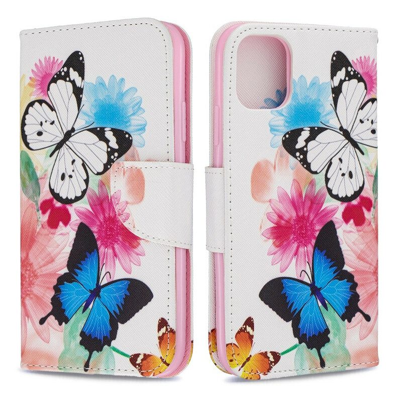 Folio-hoesje voor iPhone 11 Geschilderde Vlinders En Bloemen